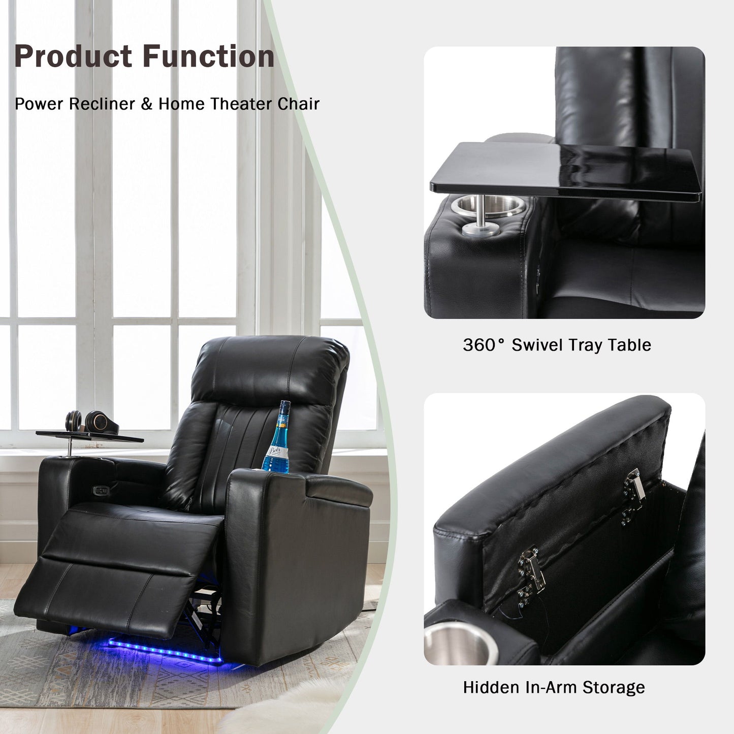 Premium Power Recliner & Storage Arms, Cupholders, Swivel Tray Table And Cell Phone Stand - Black