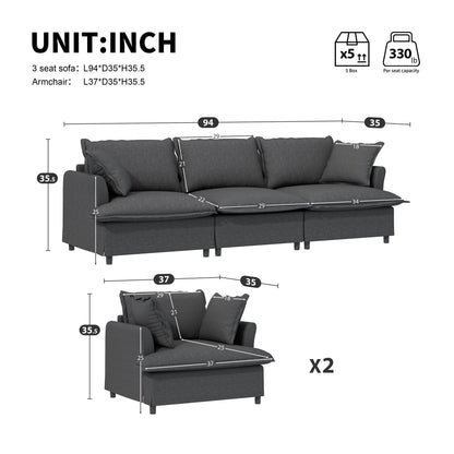 Living Room Set Modular Sectional Couch, Upholstered Sofa & Armchair & Movable Ottoman