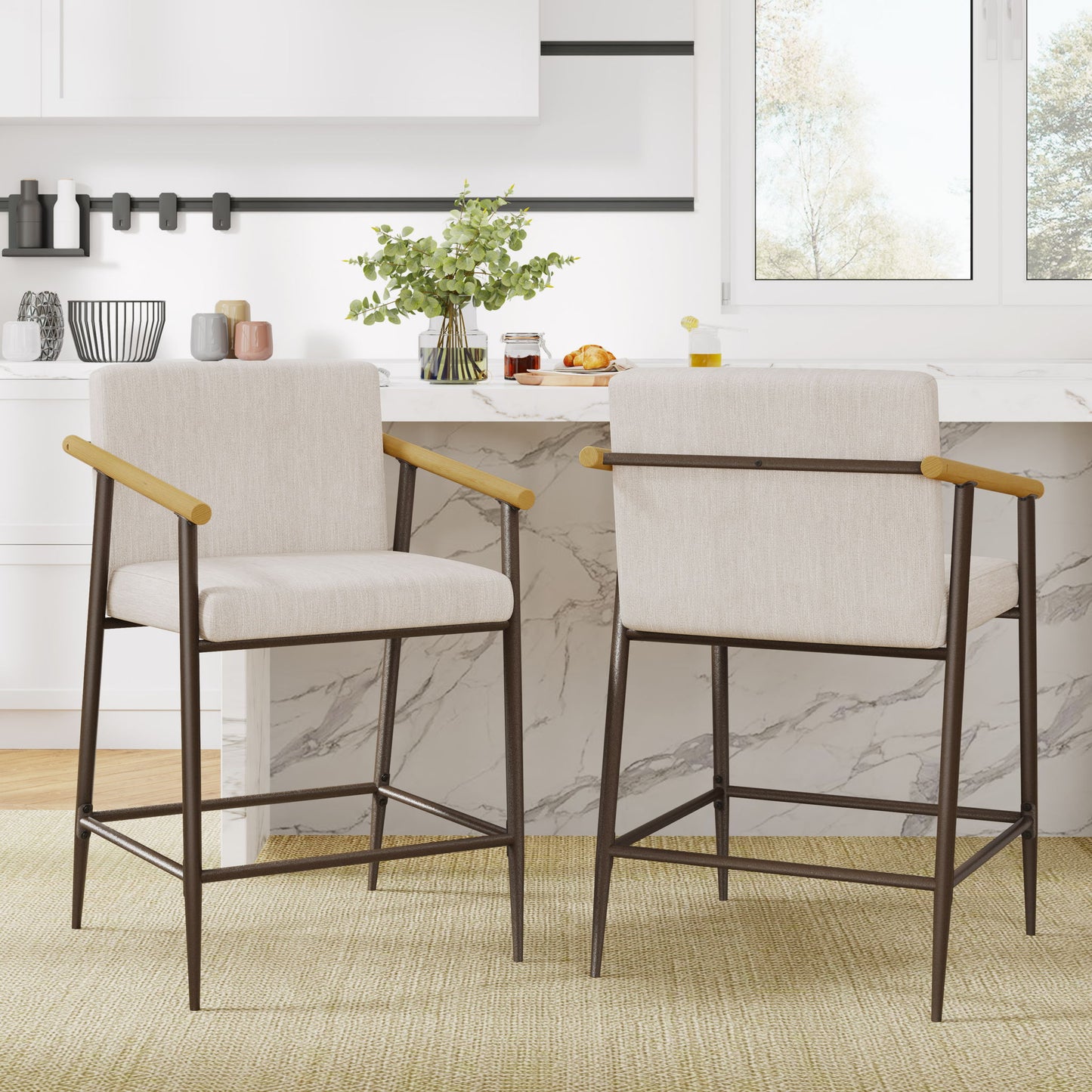 Mid Century Modern Counter Stool Set With Iron Frame