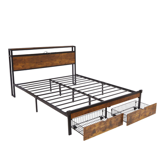 Modern King Size Metal Platform Bed Frame With Wooden Headboard USB Charging LED Lights And Storage - Brown / Black