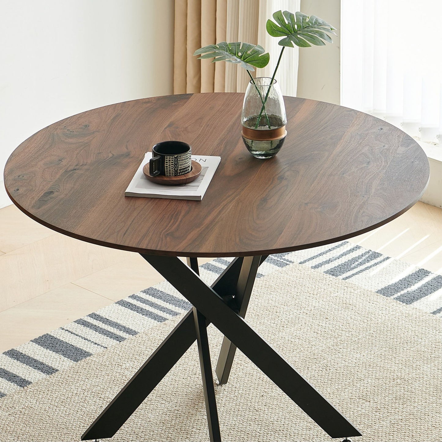 Mid-Century Dining Table For 4 - 6 People With Round MDF Table Top, Pedestal Dining Table, End Table Leisure Coffee Table, Cross Leg