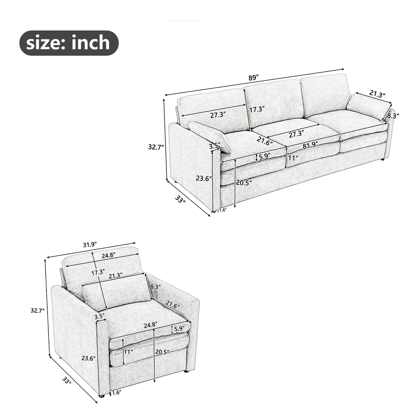 Cloud Sofa Set Couch For Living Room - Gray