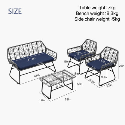 4 Piece Wicker Patio Furniture Set With Tempered Glass Table And Detachable Cushions