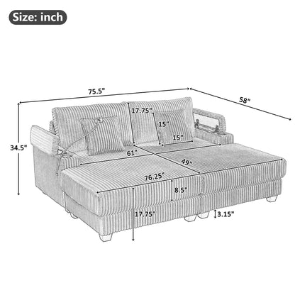 Modern Chaise Sofa With Adjustable Backrest, Cup Holders, Phone Holder & Storage Compartments For Living Room