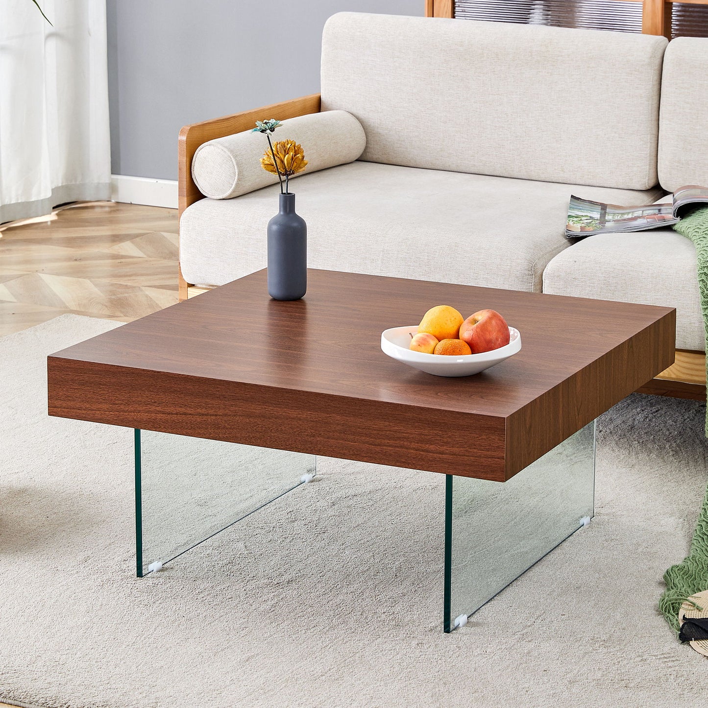 Square Coffee Table With Tempered Glass Legs - Transparent / Walnut