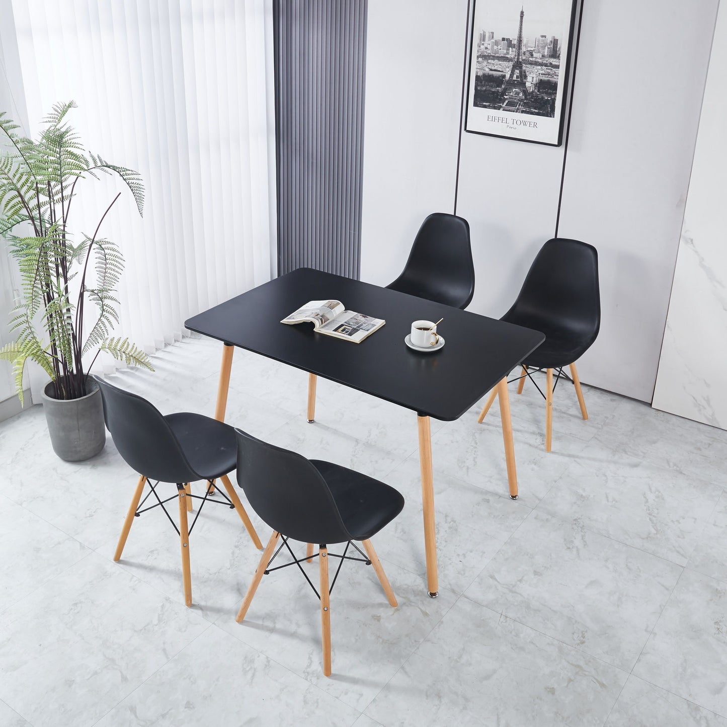 5 Pieces Dining Set, Table Metal Leg Mid-Century Dining Table For 4 - 6 People With MDF Table Top, Pedestal Dining Table, Leisure Coffee Table - Black