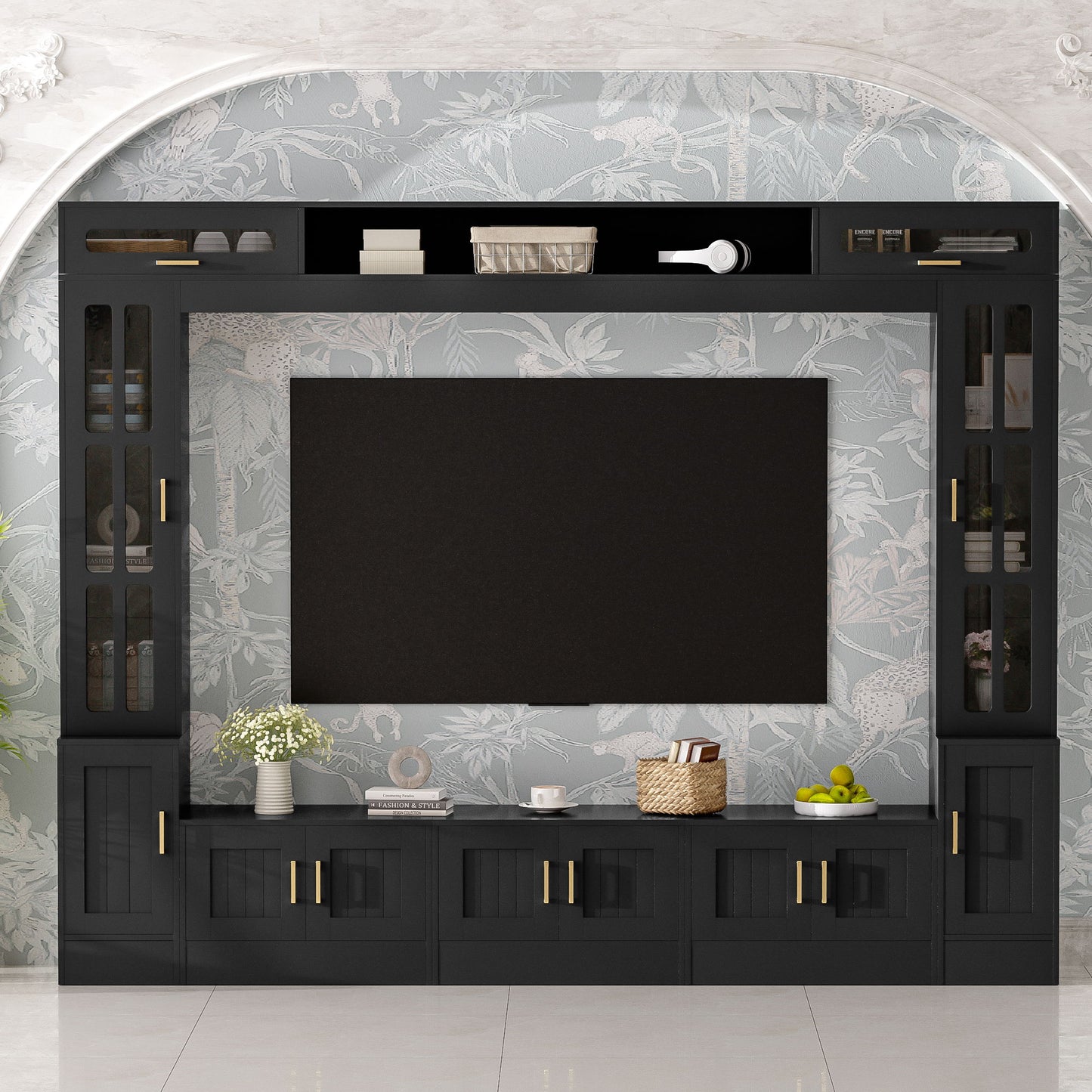 Wall Unit Entertainment Center With Bookshelves For TVs Up To 80" - Black
