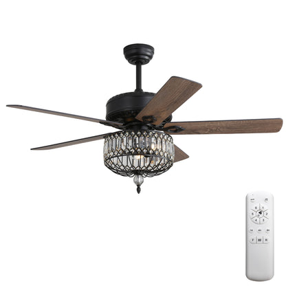 Ceiling Fan With Crystal Lampshade, 5 Blades, DC Motor, 6 Speed Remote Control, 1 / 4 / 8 Hour Timer - Black