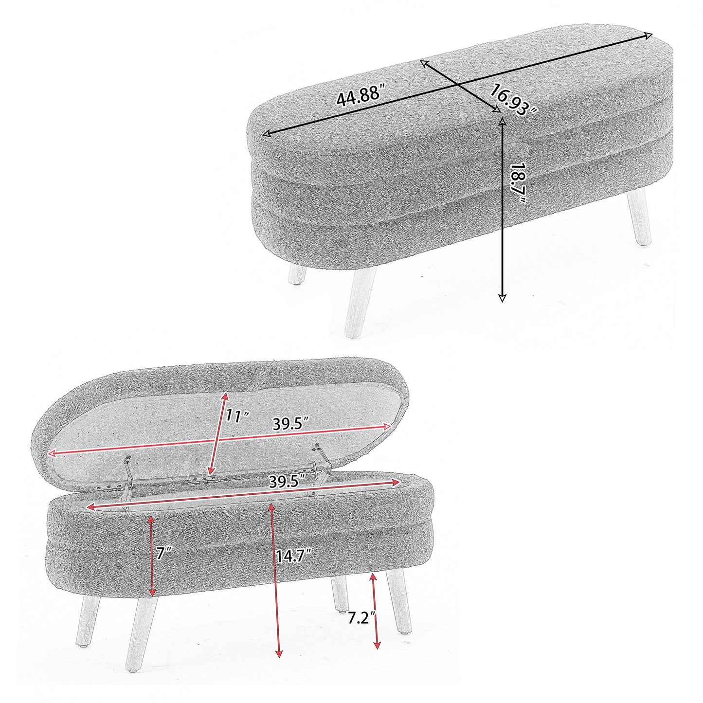 Velvet Fabric Storage Bench With Wood Legs For Bedroom And Living Room - Light Gray