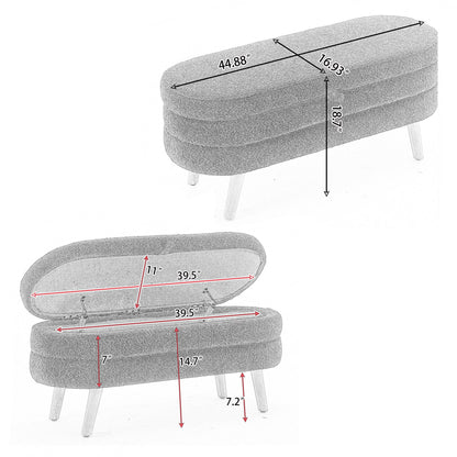 Velvet Fabric Storage Bench With Wood Legs For Bedroom And Living Room - Light Gray