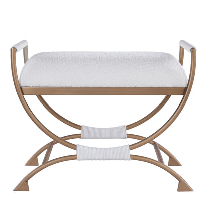 Nora - Bench With Bronze Metal Frame And Boucle Fabric Seat - White