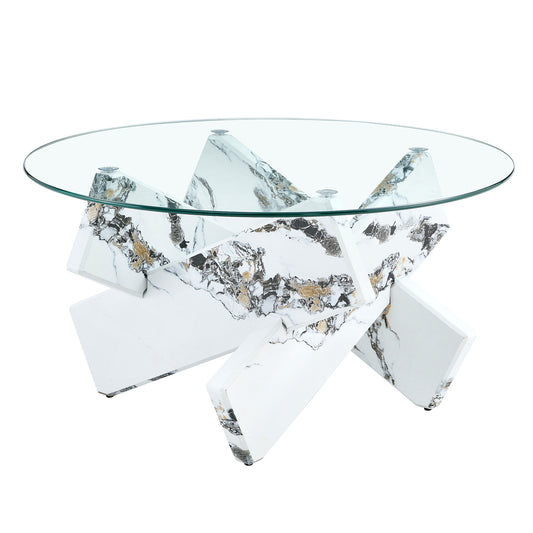 Modern Round Glass Coffee Table With Tempered Glass Countertop - White