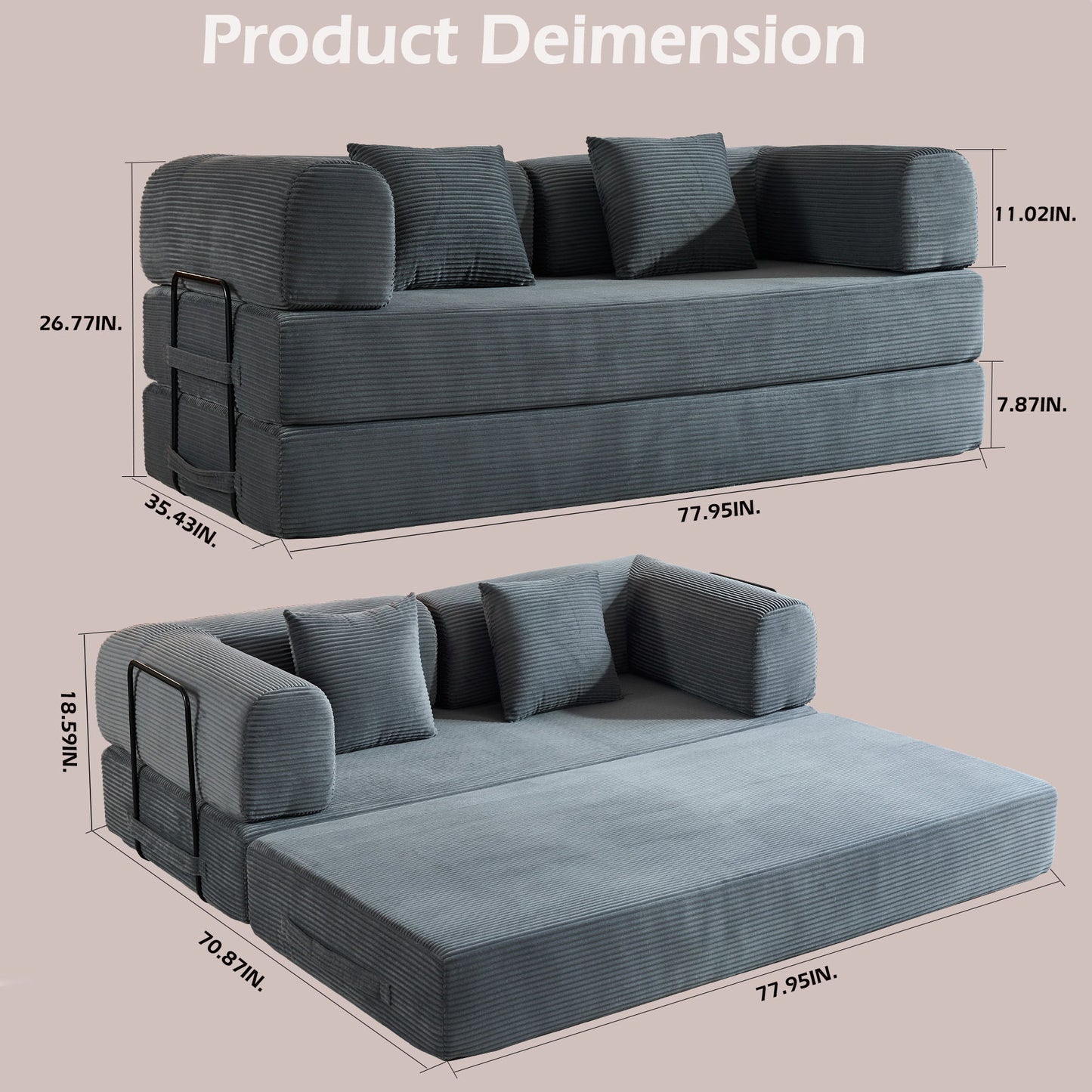Convertible Sleeper Sofa Bed With Cylindrical Pillow, With Fixed Shape Frame