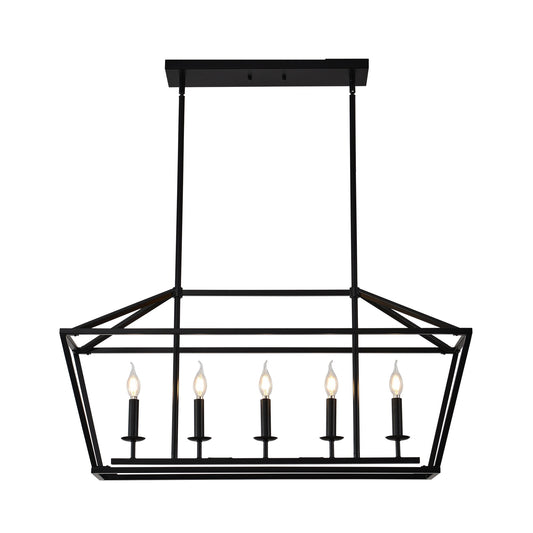 5 Light Farmhouse Kitchen Island Lighting, 5 Light Industrial Linear Chandelier For Dining Room Metal Hanging Pendant Light Fixture For Bedroom Living Room Hallway Conference Room - Matte Black