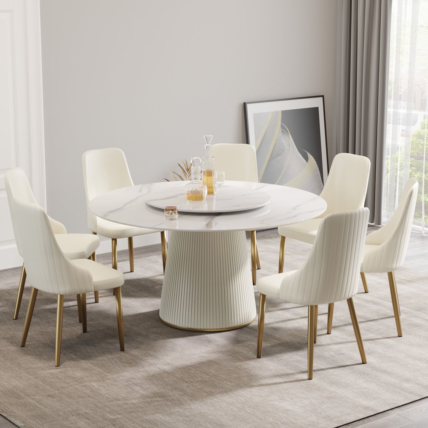 Modern Artificial Stone Round Plywood Base Dining Table, Can Accommodate 8 People, Artificial Stone Turntable (Not Including Chairs) - White / Beige