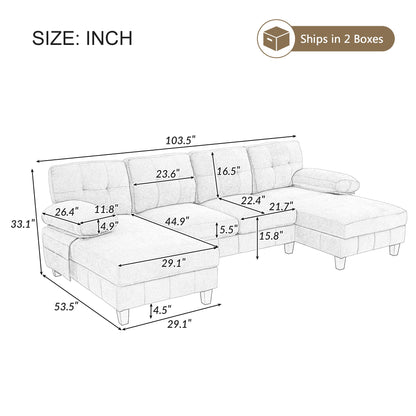 U-Shaped Sectional Sofa 103.5" Black Chenille Fabric Couch With Dual Chaise Lounges, Storage Pockets, Armrest Pillows