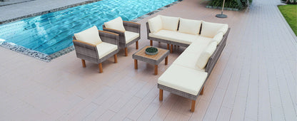 9 Piece Patio Rattan Furniture Set, Outdoor Conversation Set With Acacia Wood Legs And Tabletop, PE Rattan Sectional Sofa Set With Coffee Table, Washable Cushion - Beige