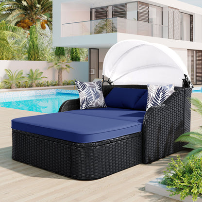 Outdoor Sunbed With Adjustable Canopy, Double Lounge, Daybed - Black / Blue