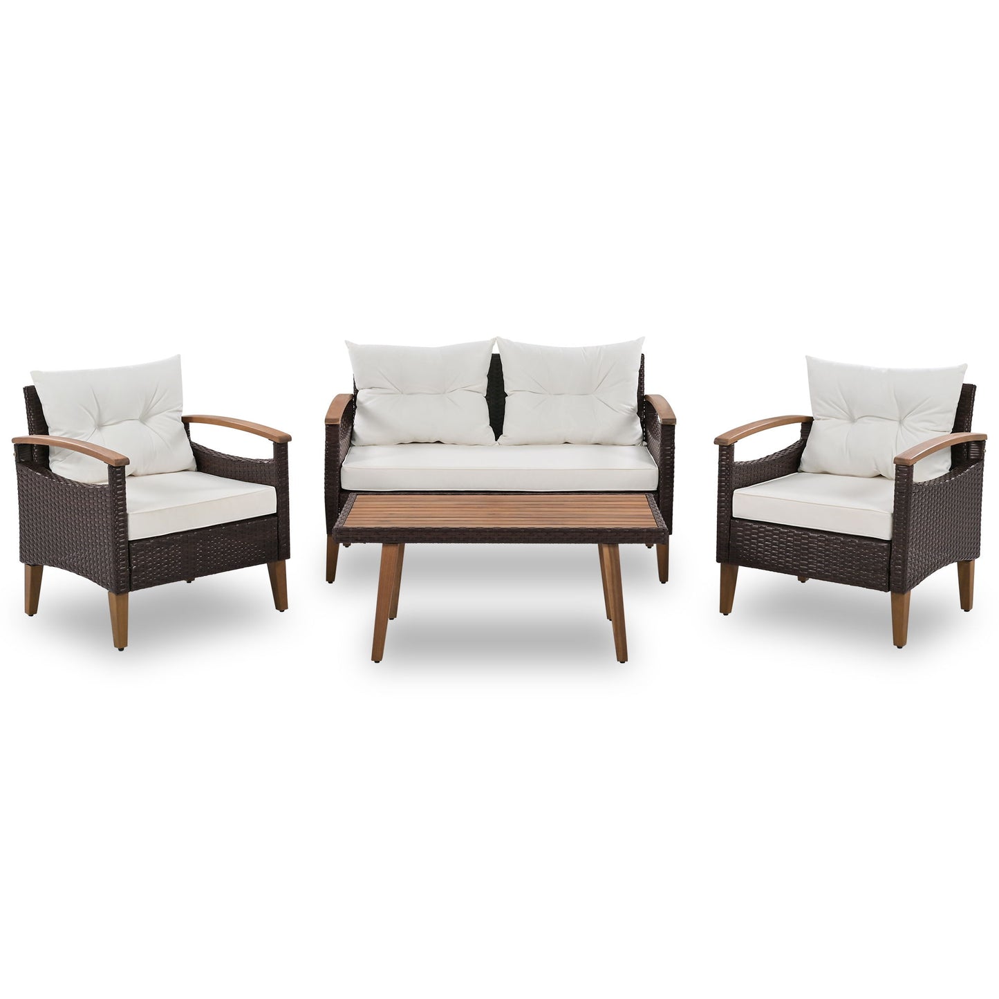4 Piece Garden Furniture, Patio Seating Set, Outdoor Sofa Set, Wood Table And Legs - Brown / Beige