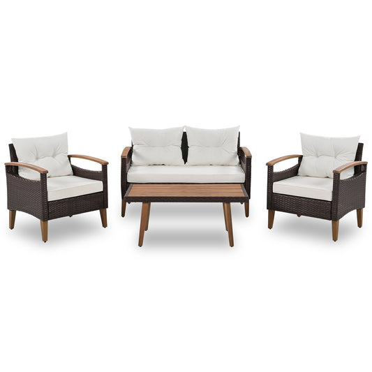 4 Piece Garden Furniture, Patio Seating Set, Outdoor Sofa Set, Wood Table And Legs - Brown / Beige
