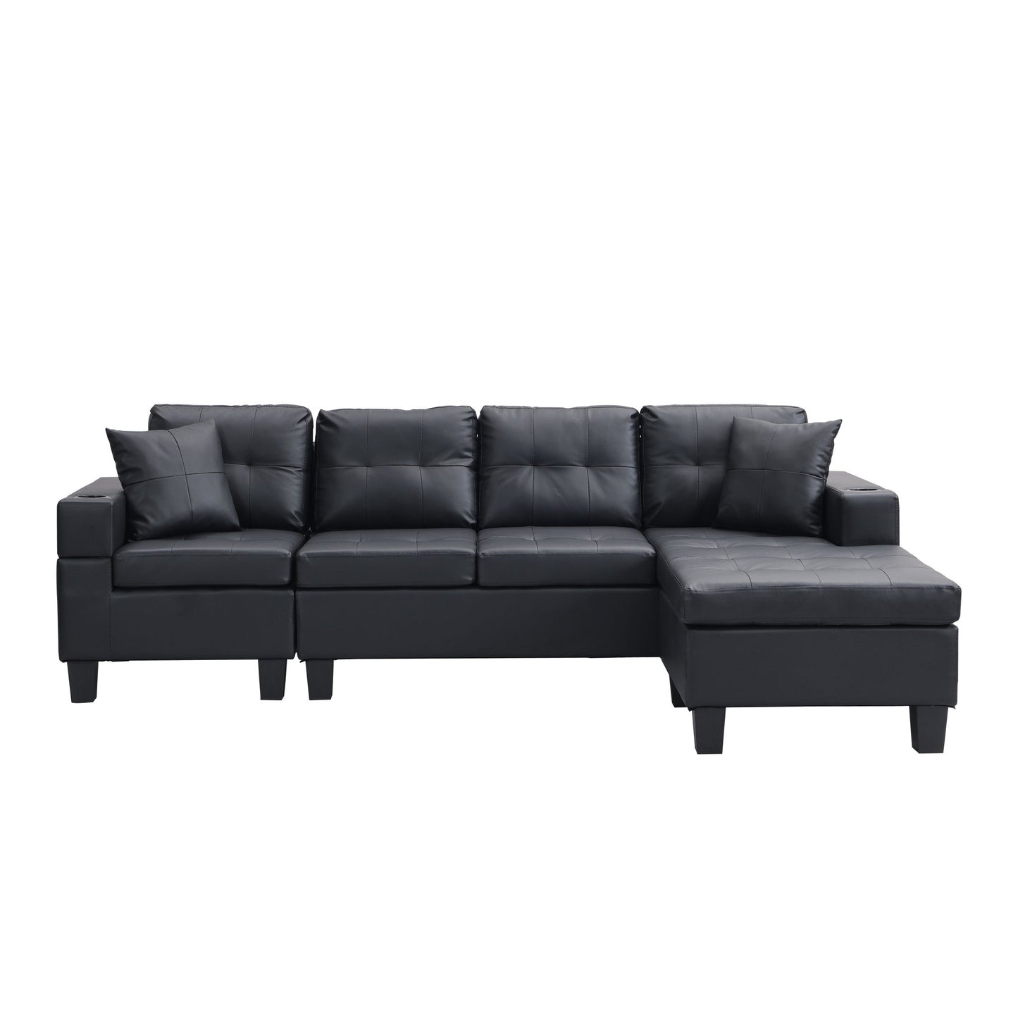 Modern Sectional Sofa Set With L Shape Chaise Lounge, Cup Holder, 4 Seat - Black