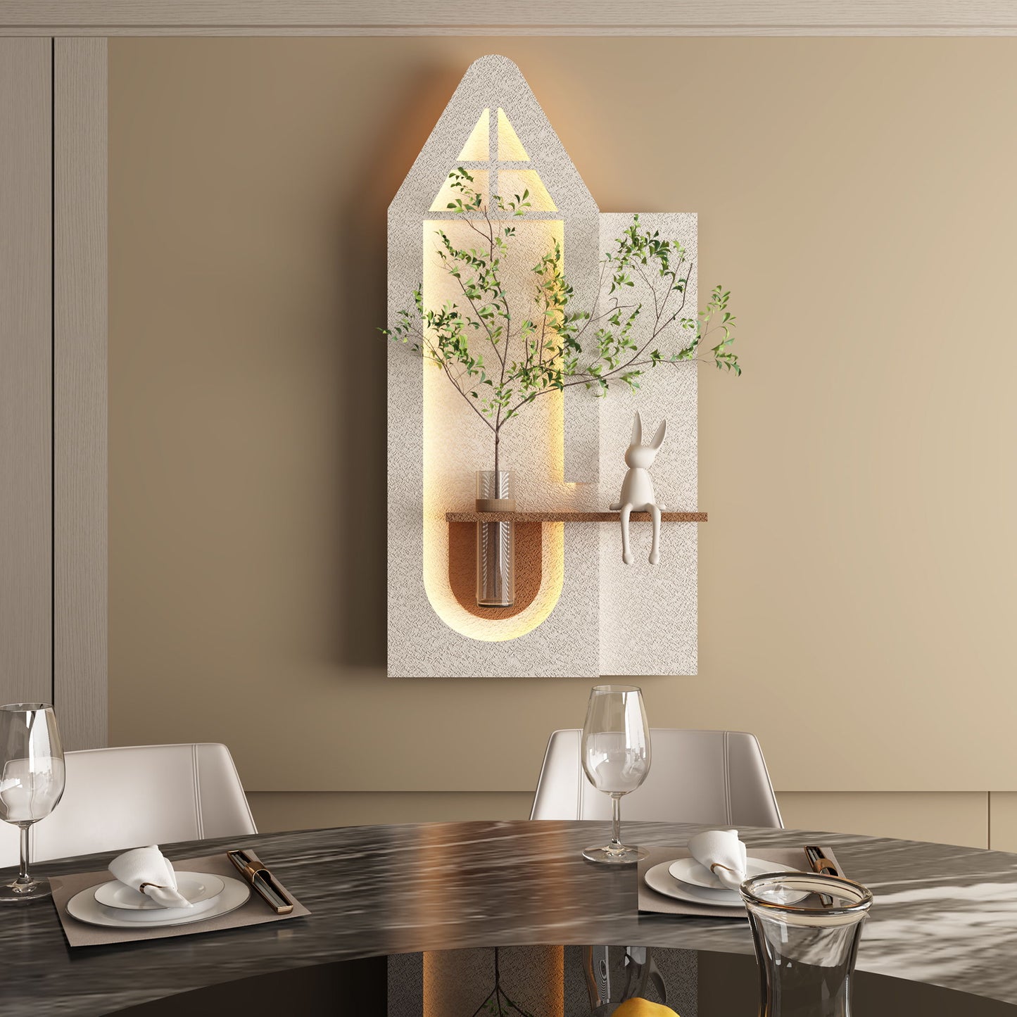 Adjustable 3 Color LED Sandstone Wall Decor With Simulated Plants, Glass Vase & Rabbit Statue - Light Coffee