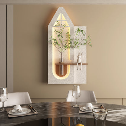 Adjustable 3 Color LED Sandstone Wall Decor With Simulated Plants, Glass Vase & Rabbit Statue - Light Coffee
