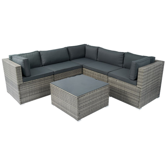 6 Pieces PE Rattan Sectional Outdoor Furniture Cushioned Sofa Set Wicker - Gray