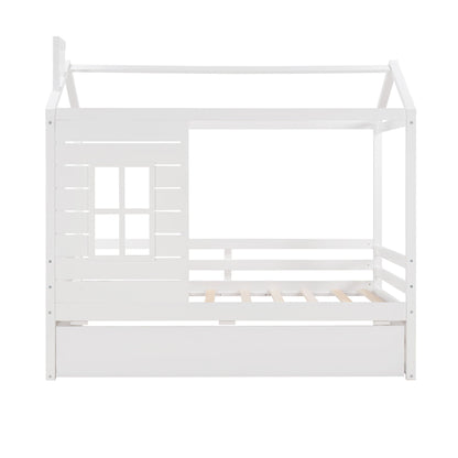 Twin Size Classic House Bed With Twin Size Trundle - White