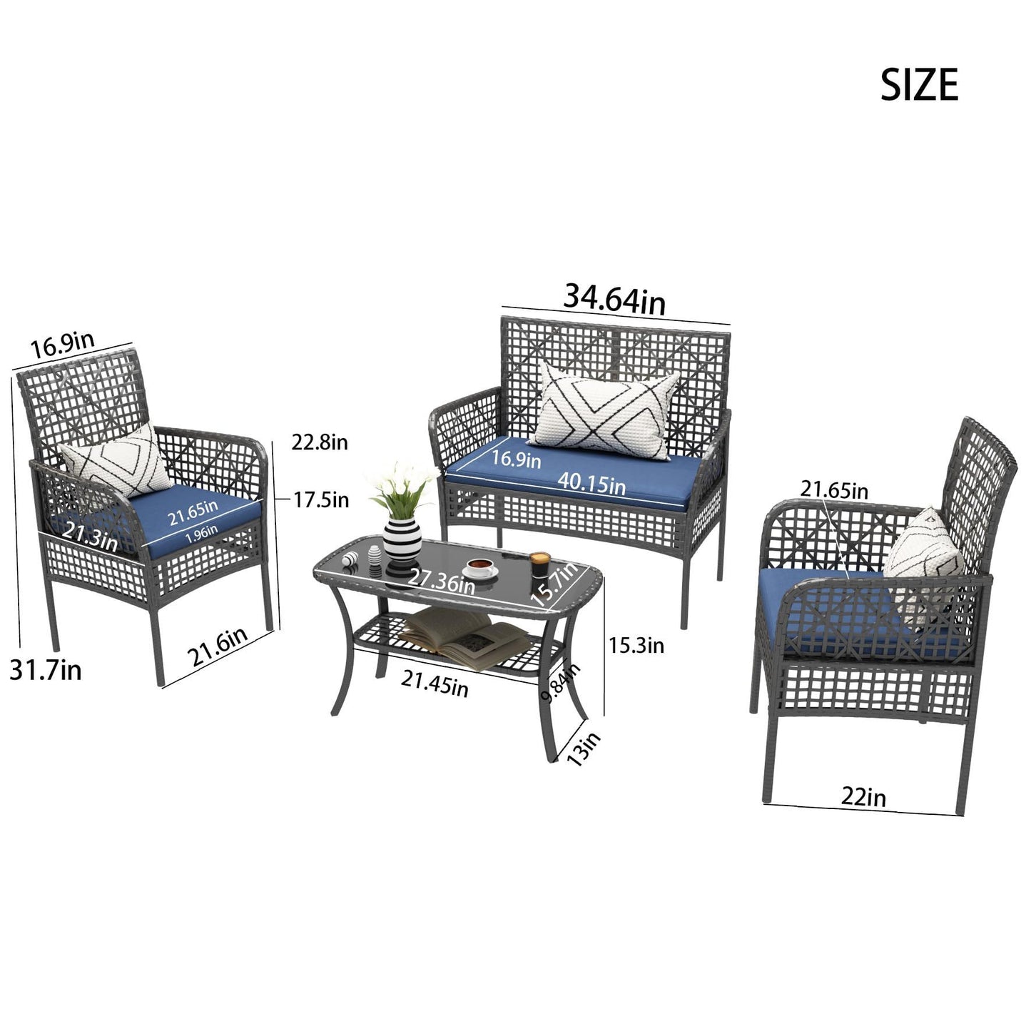 4 Pieces Rattan Wicker Chairs With Tempered Glass Table And Cushions