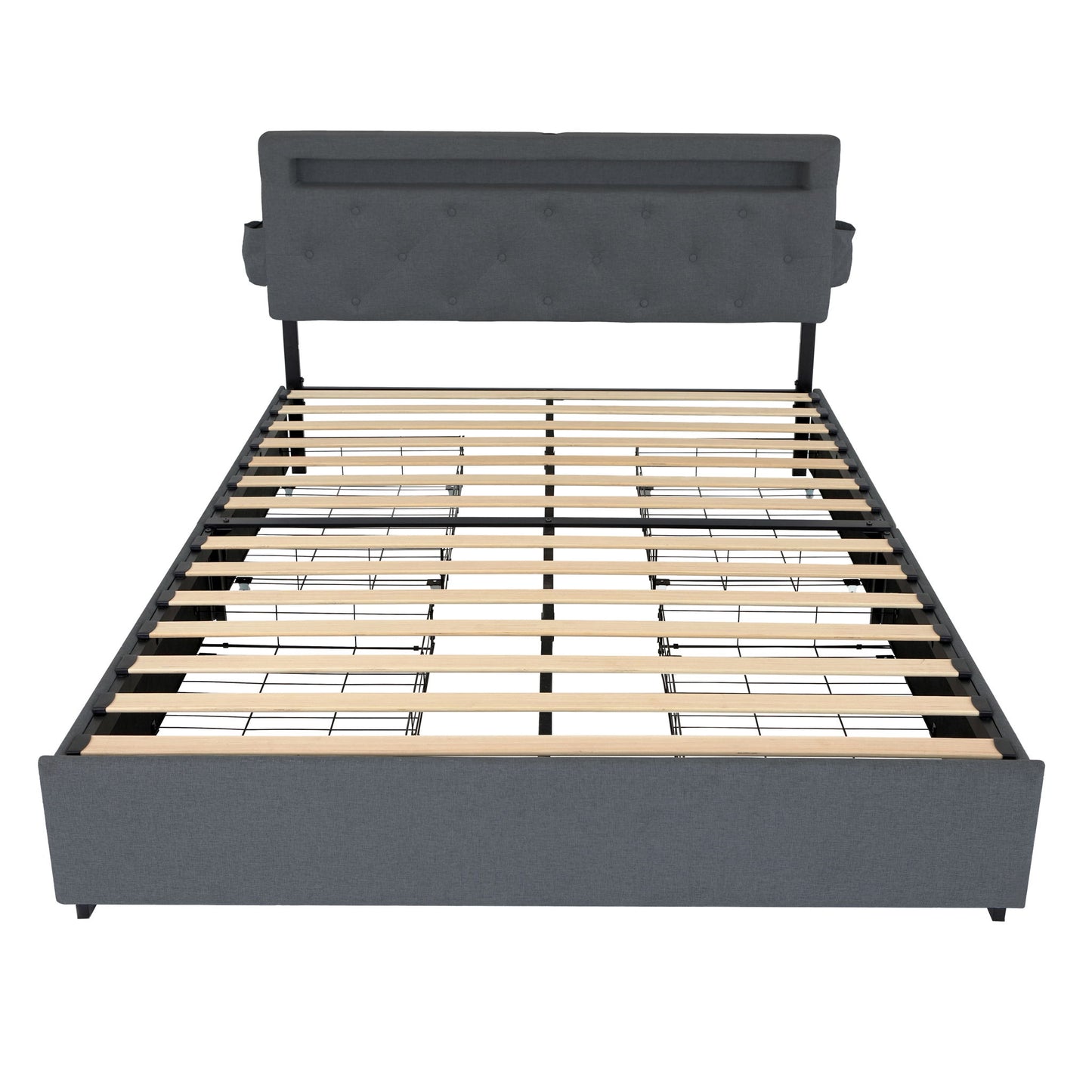 Queen Bed Frame With USB Charging, LED Lights & Storage Drawers Upholstered - Dark Gray