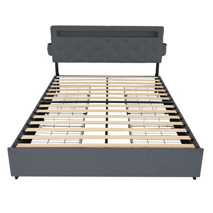 Queen Bed Frame With USB Charging, LED Lights & Storage Drawers Upholstered - Dark Gray