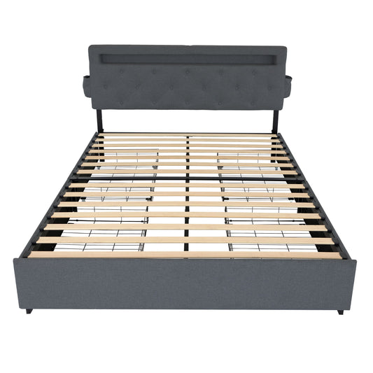 Queen Bed Frame With USB Charging, LED Lights & Storage Drawers Upholstered - Dark Gray