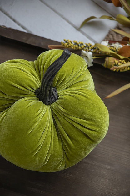 Velvet Weighted Pumpkin With Resin Stem Apple, Pumpkin Ornament Decor For Holiday Harvest Festival Fall Festival & Thanksgiving (Set of 2) - Green