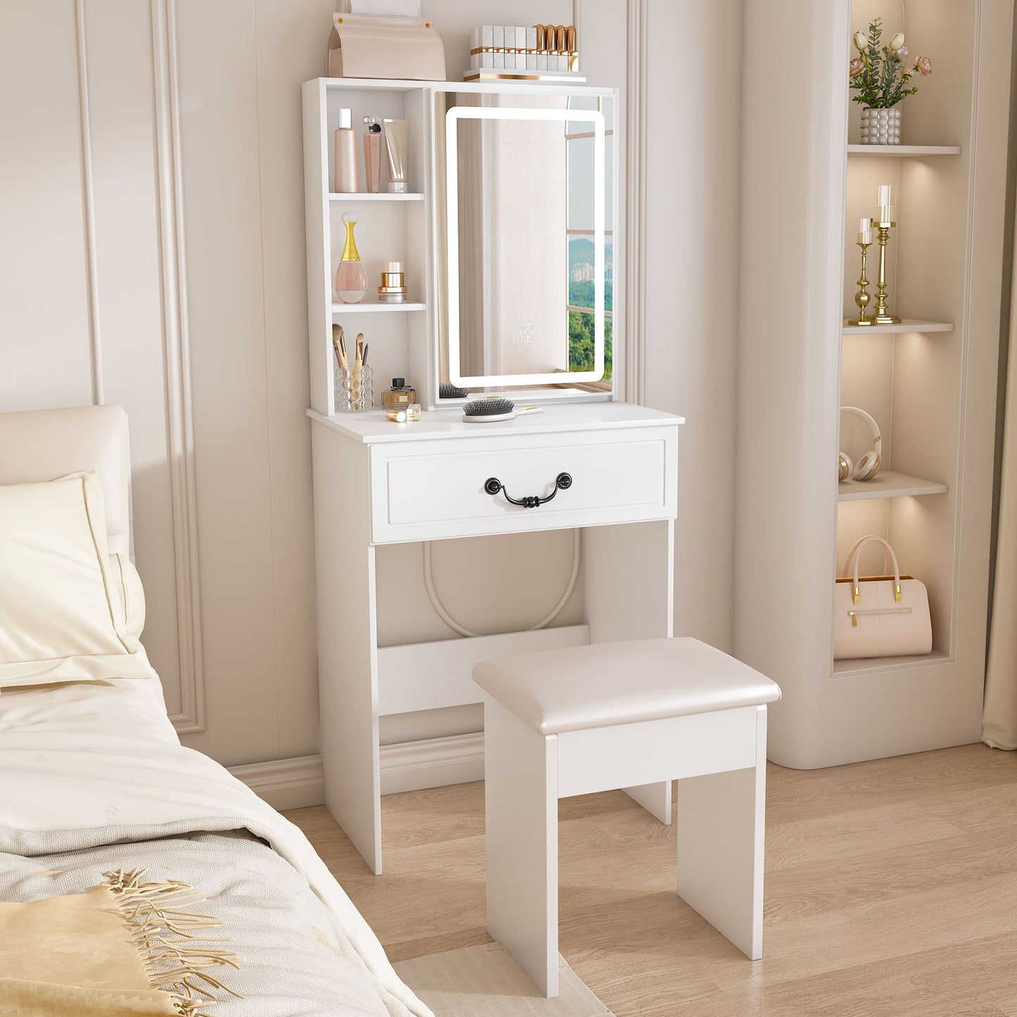 Modern Mini Dressing Table With Led-Lit Mirror & Hidden Storage, Adjustable Brightness Vanity Desk - White