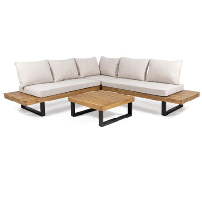 Sebastian - Hand Crafted 4 Piece Sofa Set With Water Resistant Cushions - Beige / Teak