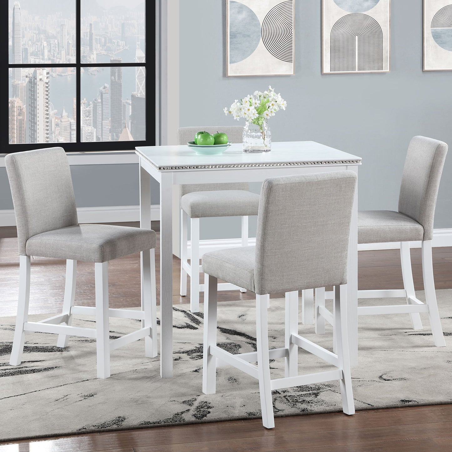 5 Piece Counter Height Table Set, Square Table And 4 Upholstered Chairs