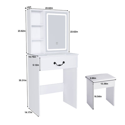Modern Mini Dressing Table With Led-Lit Mirror & Hidden Storage, Adjustable Brightness Vanity Desk - White