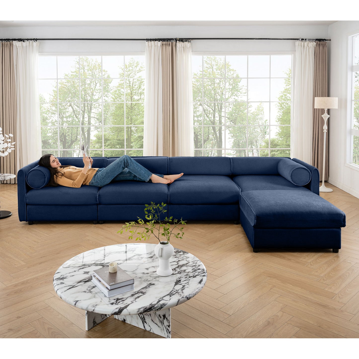 Contemporary Elegant White Chenille Sofa With Storage And Ottoman