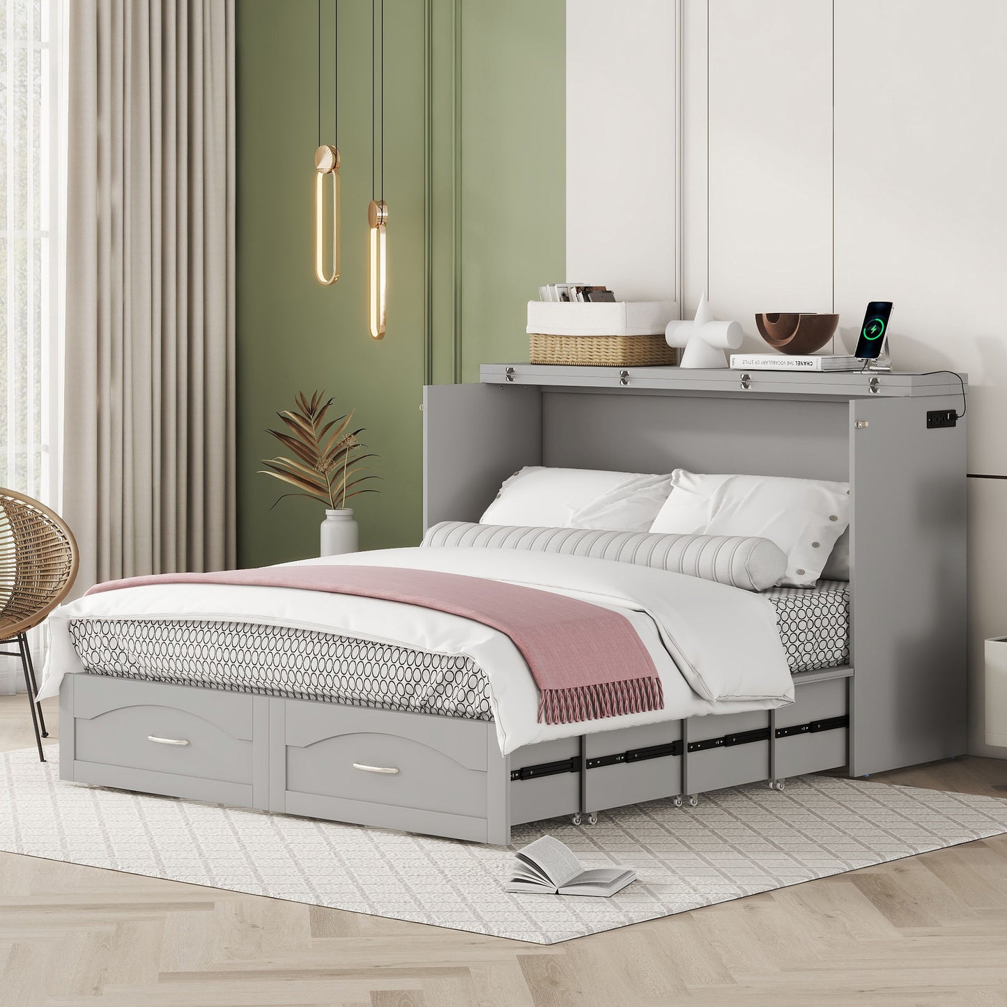 Queen Size Murphy Wall Bed With Drawer And A Set Of Sockets & USB Ports, Pulley Structure Design - Gray