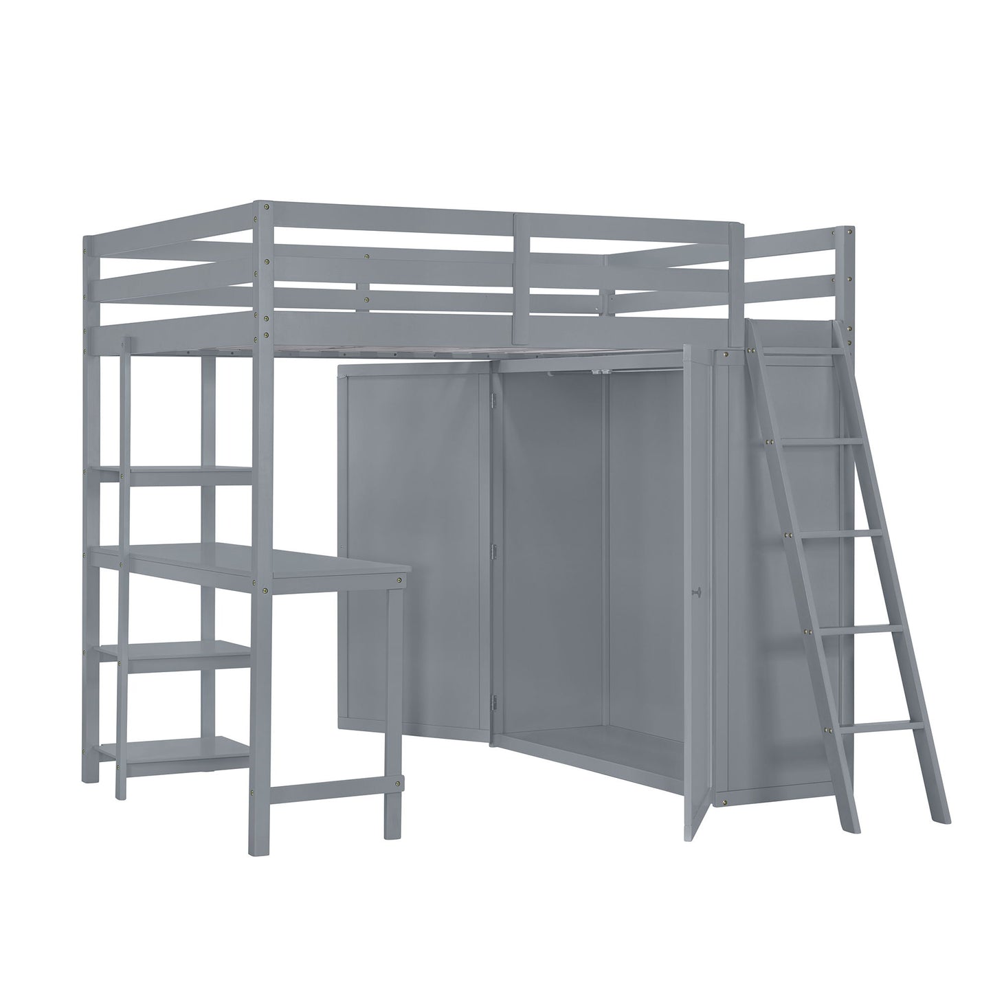 Full Size Loft Bed With Wardrobe And Desk And Shelves - Gray