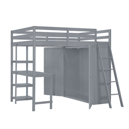Full Size Loft Bed With Wardrobe And Desk And Shelves - Gray