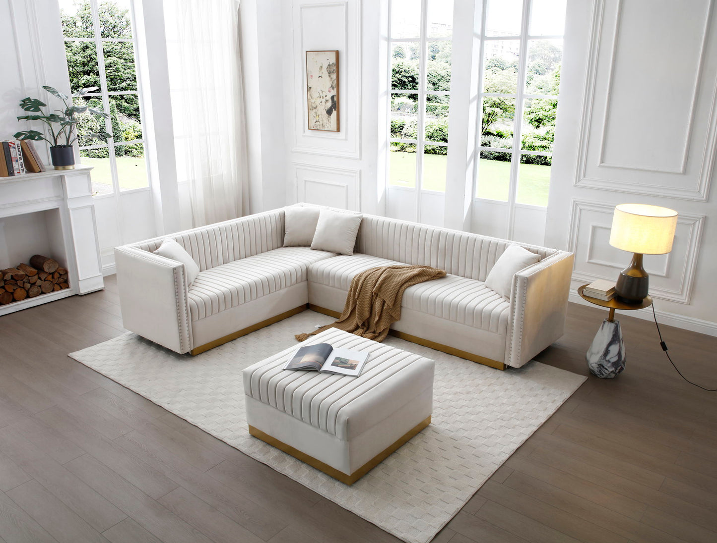 Contemporary Vertical Channel Tufted Velvet Sectional Sofa For Living Room Apartment With Ottoman And 4 Pillows - Beige