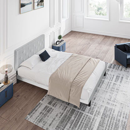 Modern Upholstered Platform Bed Frame With Button Tufted Linen Fabric Headboard