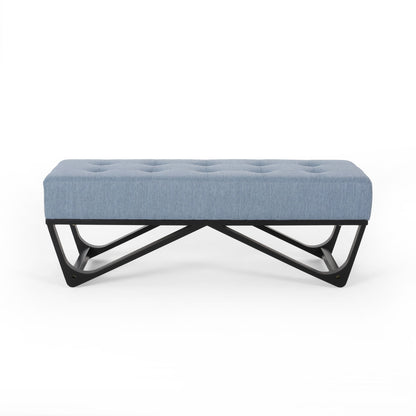 Upholstered Ottoman With Button Tufted Waffle Stitch And Black Geometric Legs - Light Blue