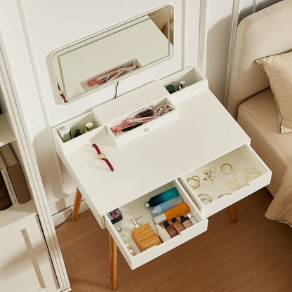 Makeup Vanity Desk With Removable Mirror And Lights, 3 Color Modes & Adjustable Brightness Dressing Table, Small Vanity Table Set With 2 Drawers For Bedroom - White