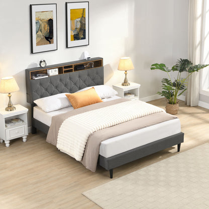 Modern Upholstered Platform Bed Frame With Button Tufted Headboard And USB Ports