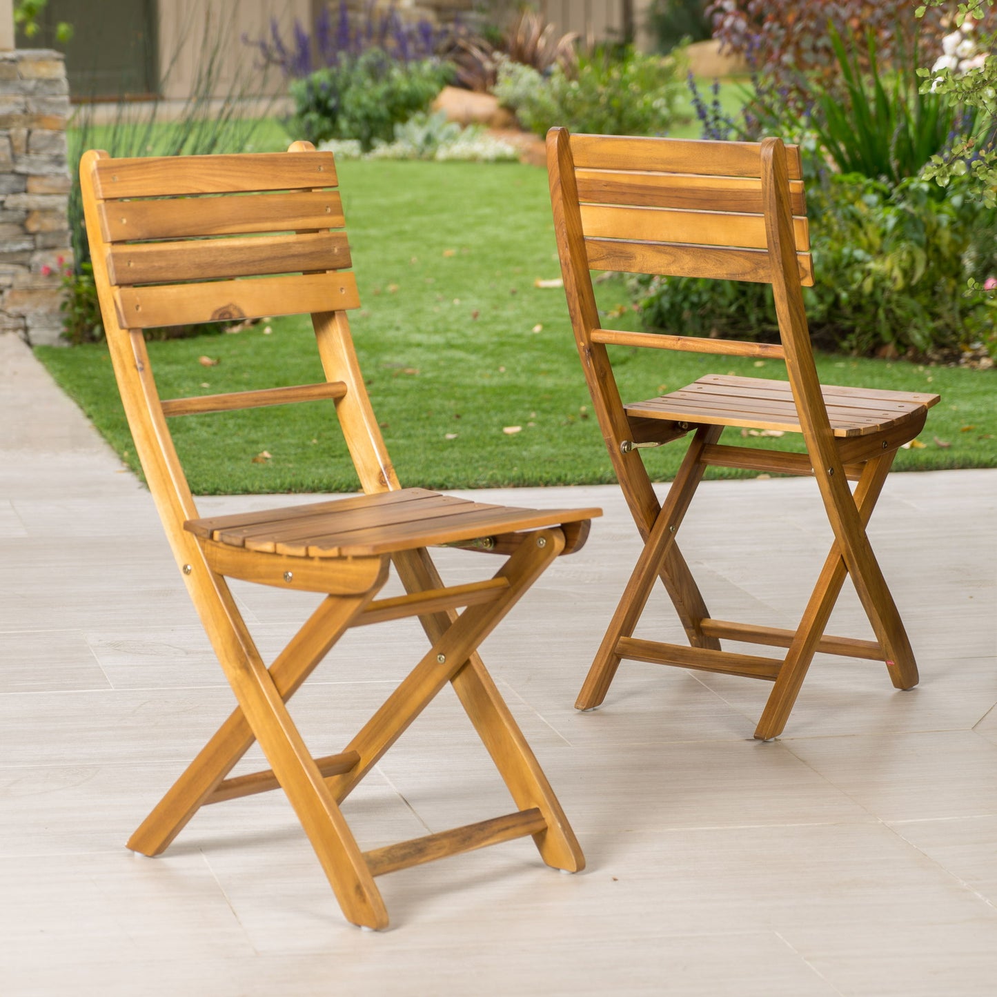 Outdoor Foldable Wood Dining Chair With Slat Design (Set of 2)