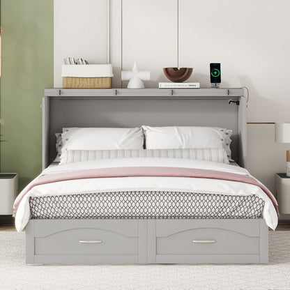 Queen Size Murphy Wall Bed With Drawer And A Set Of Sockets & USB Ports, Pulley Structure Design - Gray