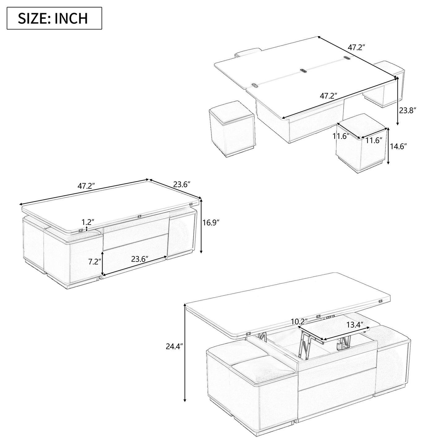 Lift Top Coffee Table With 4 Storage Stools